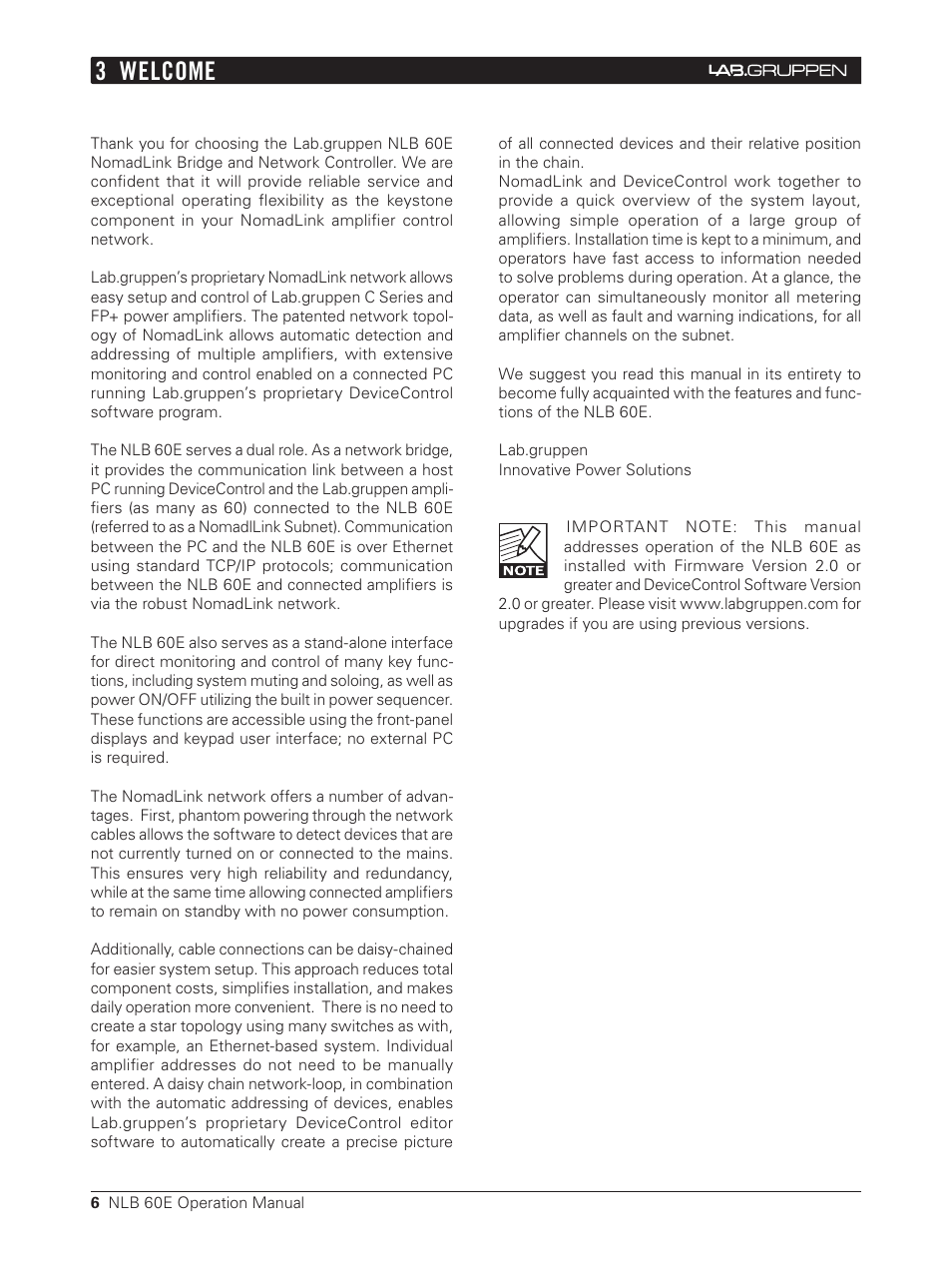 3 welcome | Lab.gruppen NLB 60E NomadLink User Manual | Page 6 / 35