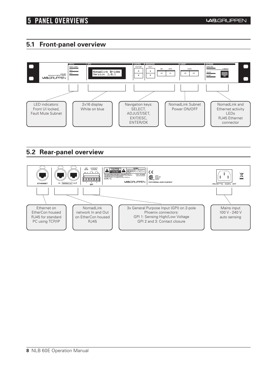 5 panel overviews, 1 front-panel overview, 2 rear-panel overview | 1 front-panel overview 5.2 rear-panel overview | Lab.gruppen NLB 60E NomadLink User Manual | Page 8 / 35