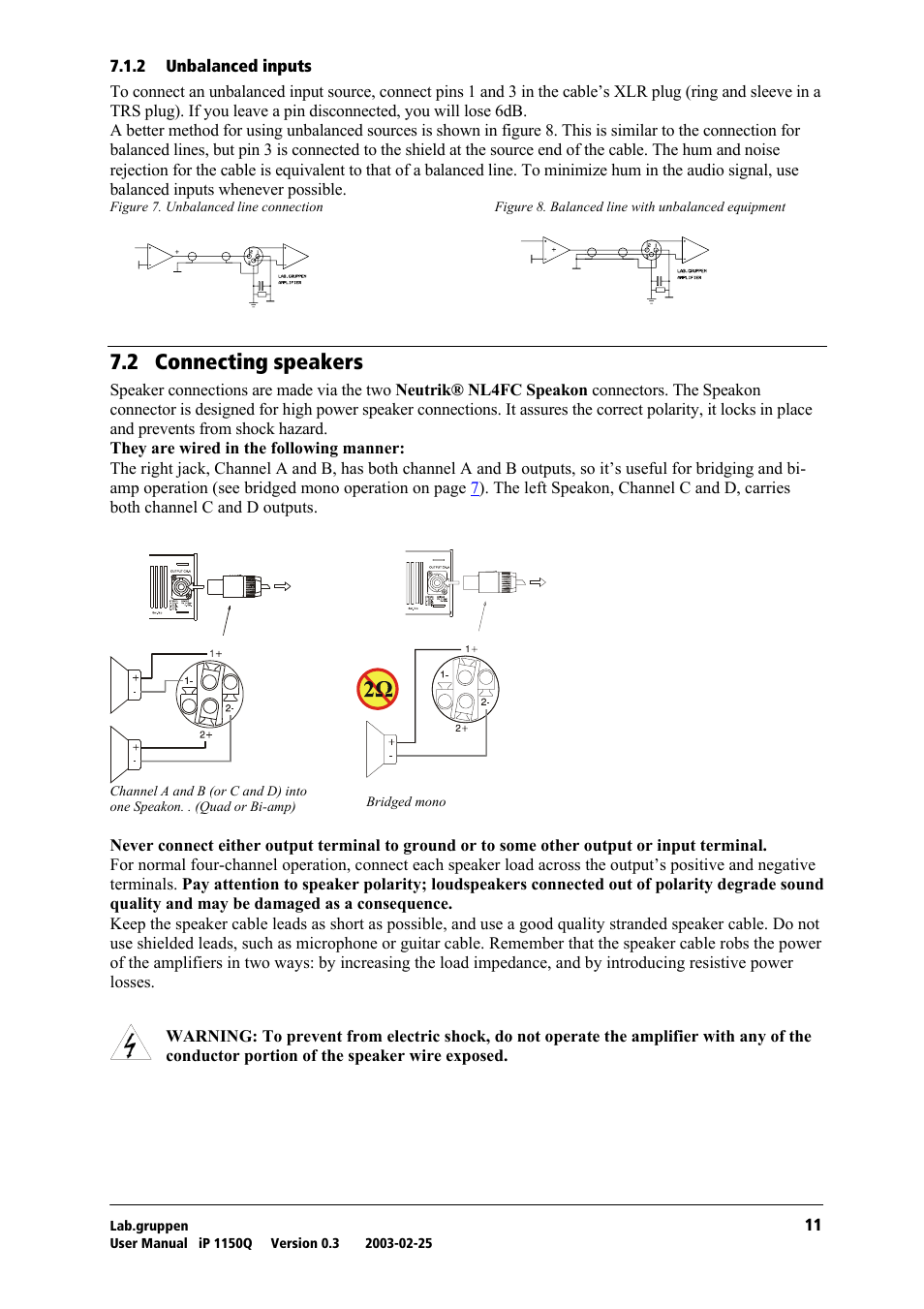 Unbalanced inputs, Connecting speakers, Tko= `зеейенбец=лйй~вйкл | Lab.gruppen iP 1150Q User Manual | Page 12 / 17