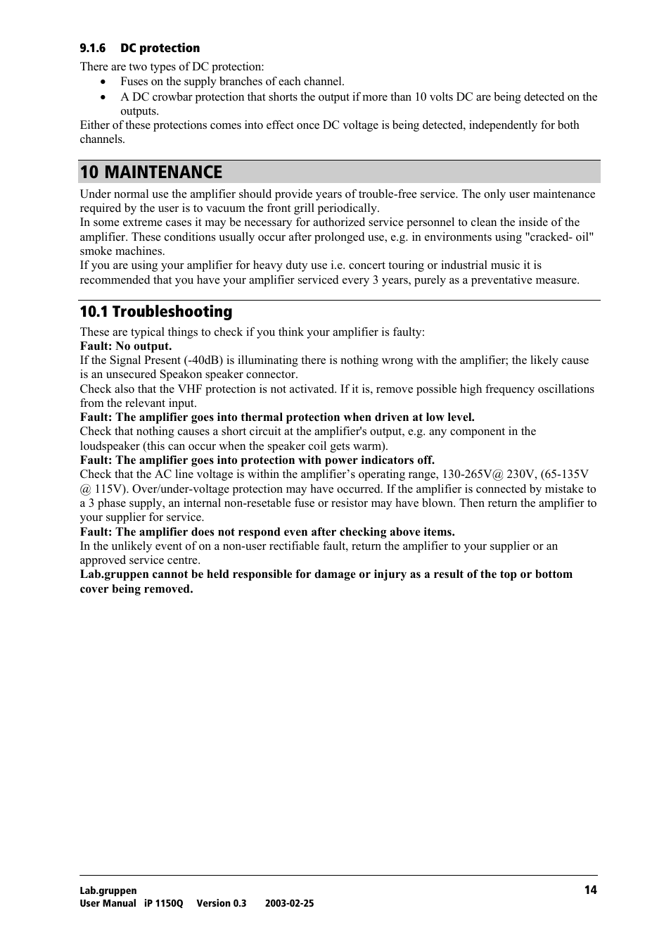 Dc protection, Maintenance, Troubleshooting | Nm=j^fkqbk^k`b, Nmkn=qêçìääéëüççíáåö | Lab.gruppen iP 1150Q User Manual | Page 15 / 17