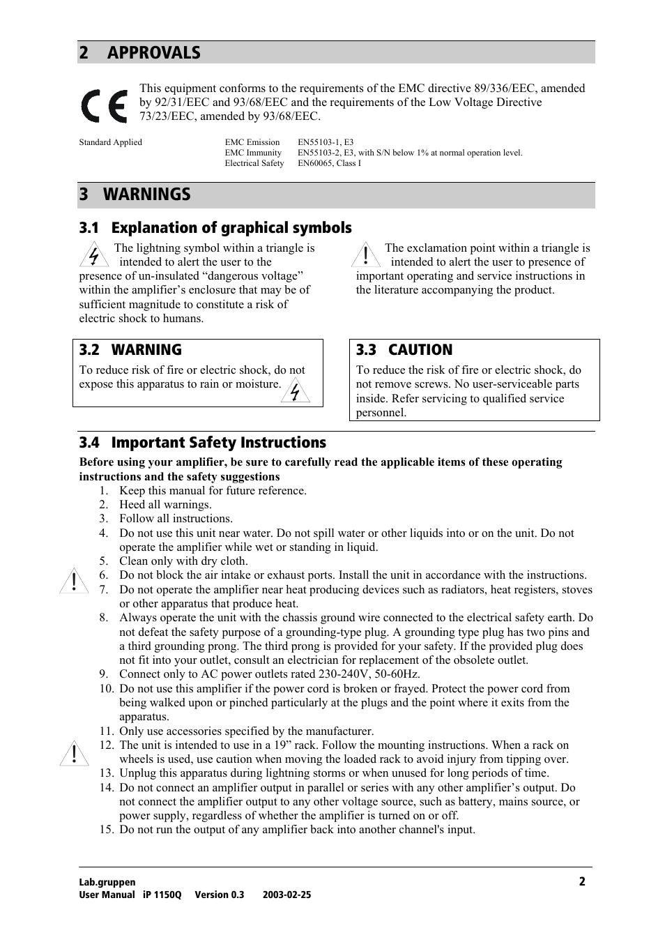 Approvals, Warnings, Explanation of graphical symbols | Warning, Caution, Important safety instructions, O= =^mmols^ip, P= t^okfkdp, Pkn= bñéä~е~нбзе=зс=цк~йьбе~д=лугдздл, Pko= t^okfkd | Lab.gruppen iP 1150Q User Manual | Page 3 / 17