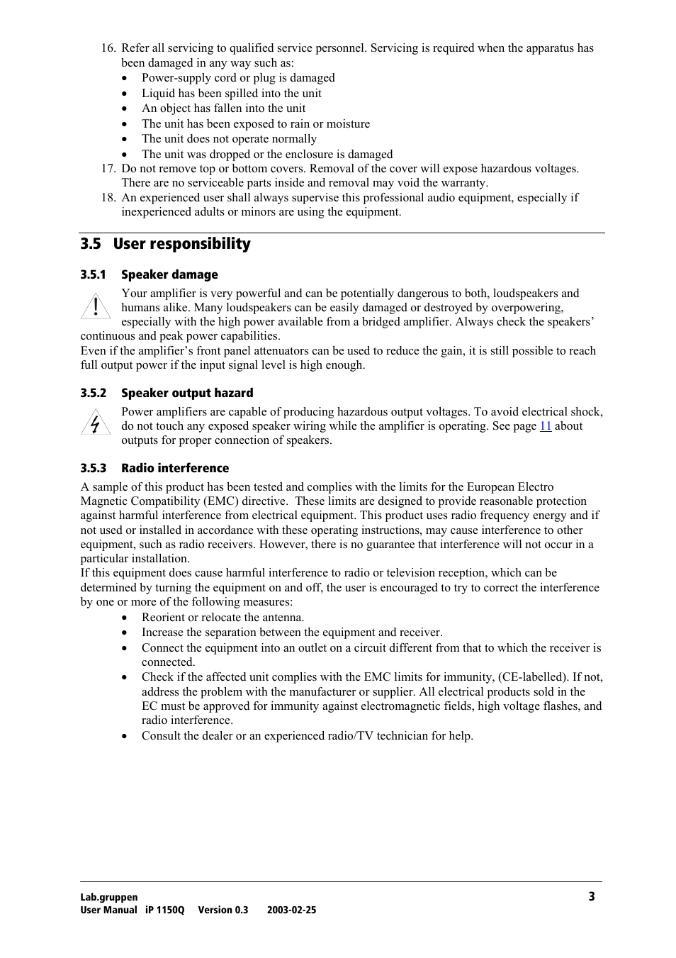 User responsibility, Speaker damage, Speaker output hazard | Radio interference, Pkr= rëéê=кйлйзелбдбдбну | Lab.gruppen iP 1150Q User Manual | Page 4 / 17