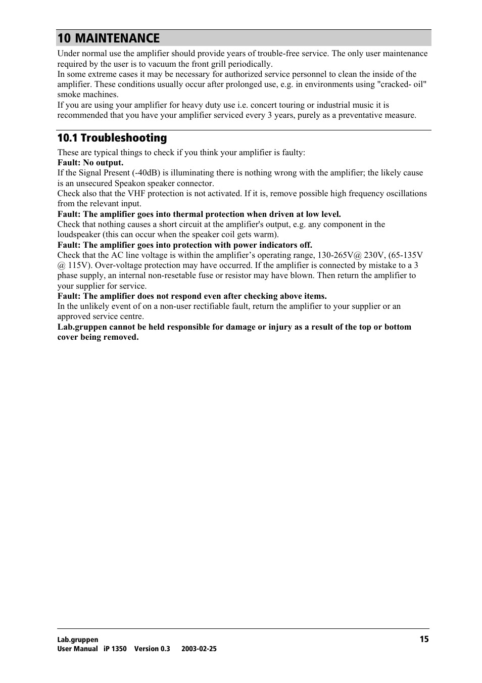 Maintenance, Troubleshooting, Nm=j^fkqbk^k`b | Nmkn=qêçìääéëüççíáåö | Lab.gruppen iP 1350 User Manual | Page 16 / 18