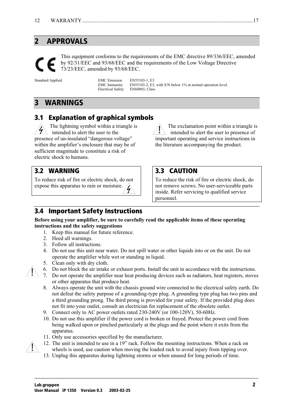 Approvals, Warnings, Explanation of graphical symbols | Warning, Caution, Important safety instructions, O= =^mmols^ip, P= t^okfkdp, Pkn= bñéä~е~нбзе=зс=цк~йьбе~д=лугдздл, Pko= t^okfkd | Lab.gruppen iP 1350 User Manual | Page 3 / 18