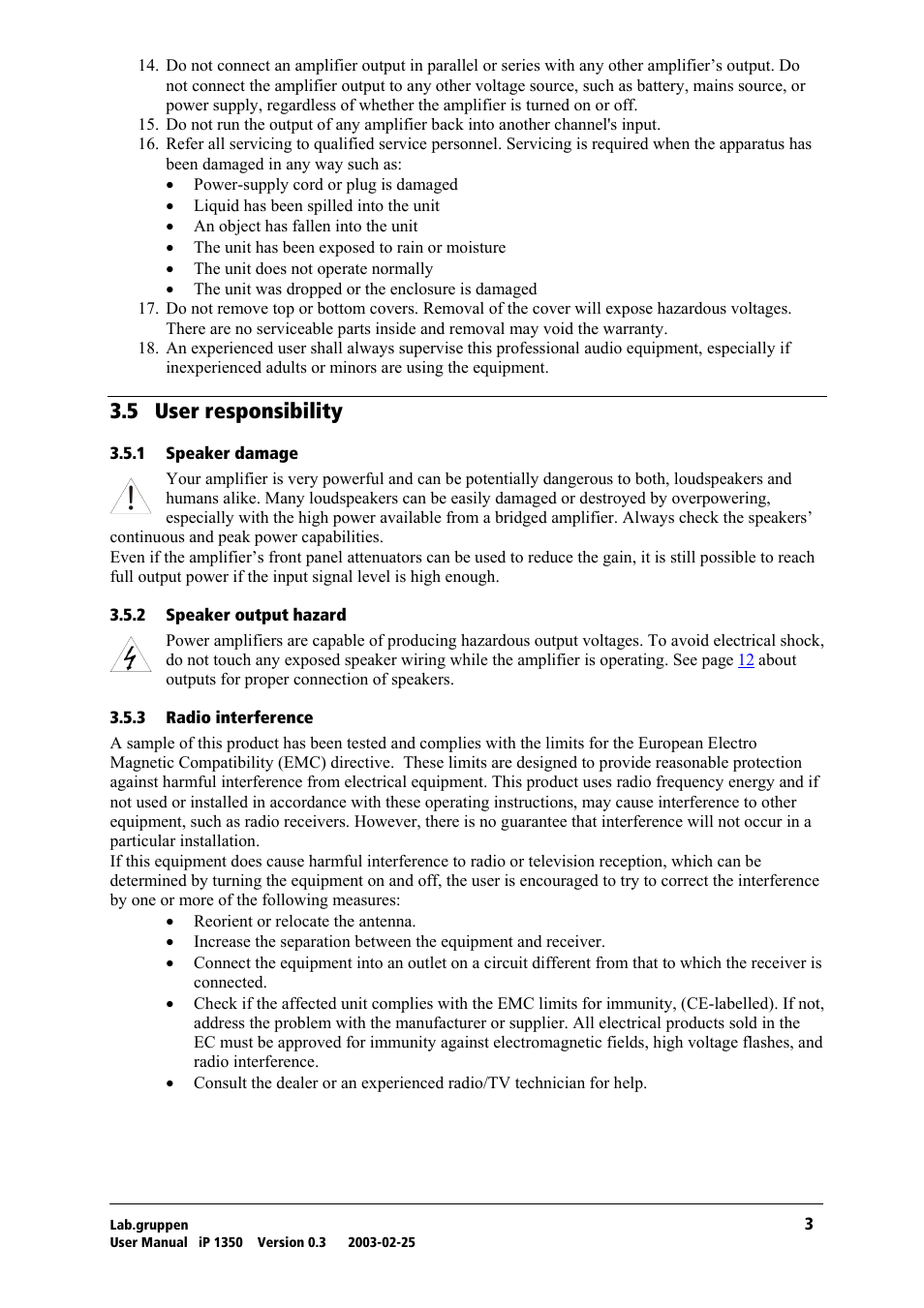 User responsibility, Speaker damage, Speaker output hazard | Radio interference, Pkr= rëéê=кйлйзелбдбдбну | Lab.gruppen iP 1350 User Manual | Page 4 / 18