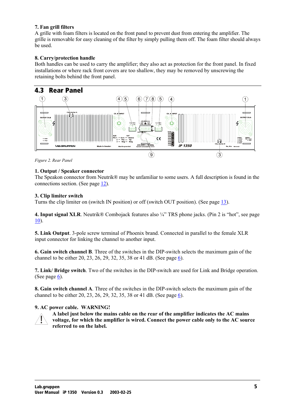 Rear panel, Qkp= oй~к=m~åéä | Lab.gruppen iP 1350 User Manual | Page 6 / 18