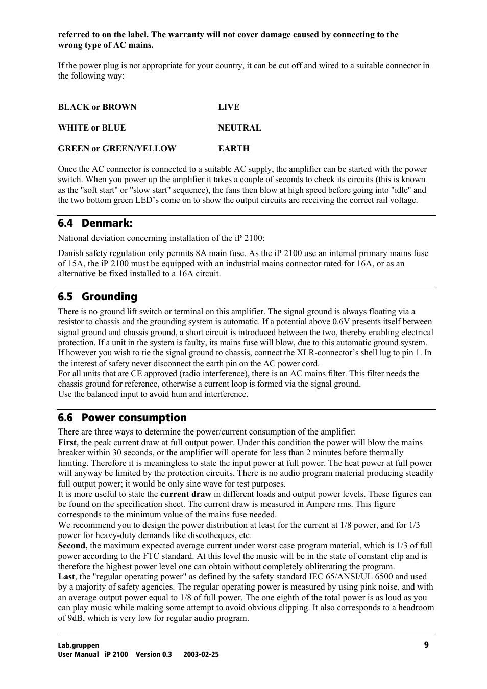 Denmark, Grounding, Power consumption | Skq= aéåã~êâw, Skr= dêçìåçáåö, Sks= mçïéê=езелмгйнбзе | Lab.gruppen iP 2100 User Manual | Page 10 / 18