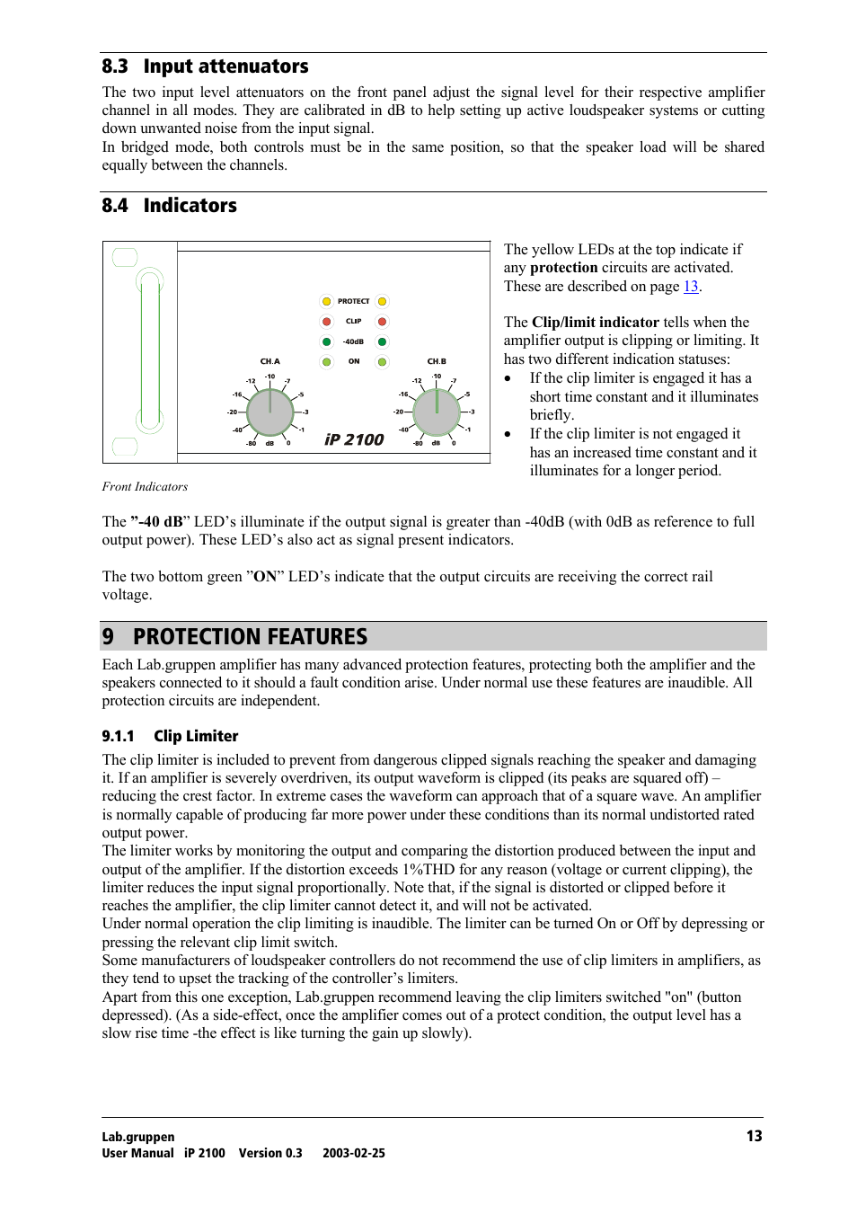 Input attenuators, Indicators, Protection features | Clip limiter, V= molqb`qflk=cb^qrobp, Ukp= fåéìí=~ннйем~нзкл, Ukq= fåçáå~нзкл | Lab.gruppen iP 2100 User Manual | Page 14 / 18