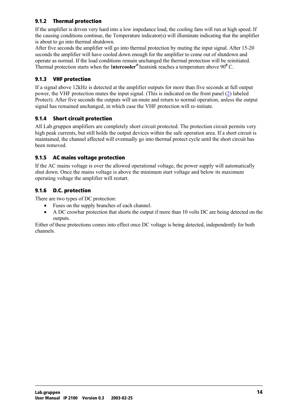 Thermal protection, Vhf protection, Short circuit protection | Ac mains voltage protection, D.c. protection | Lab.gruppen iP 2100 User Manual | Page 15 / 18