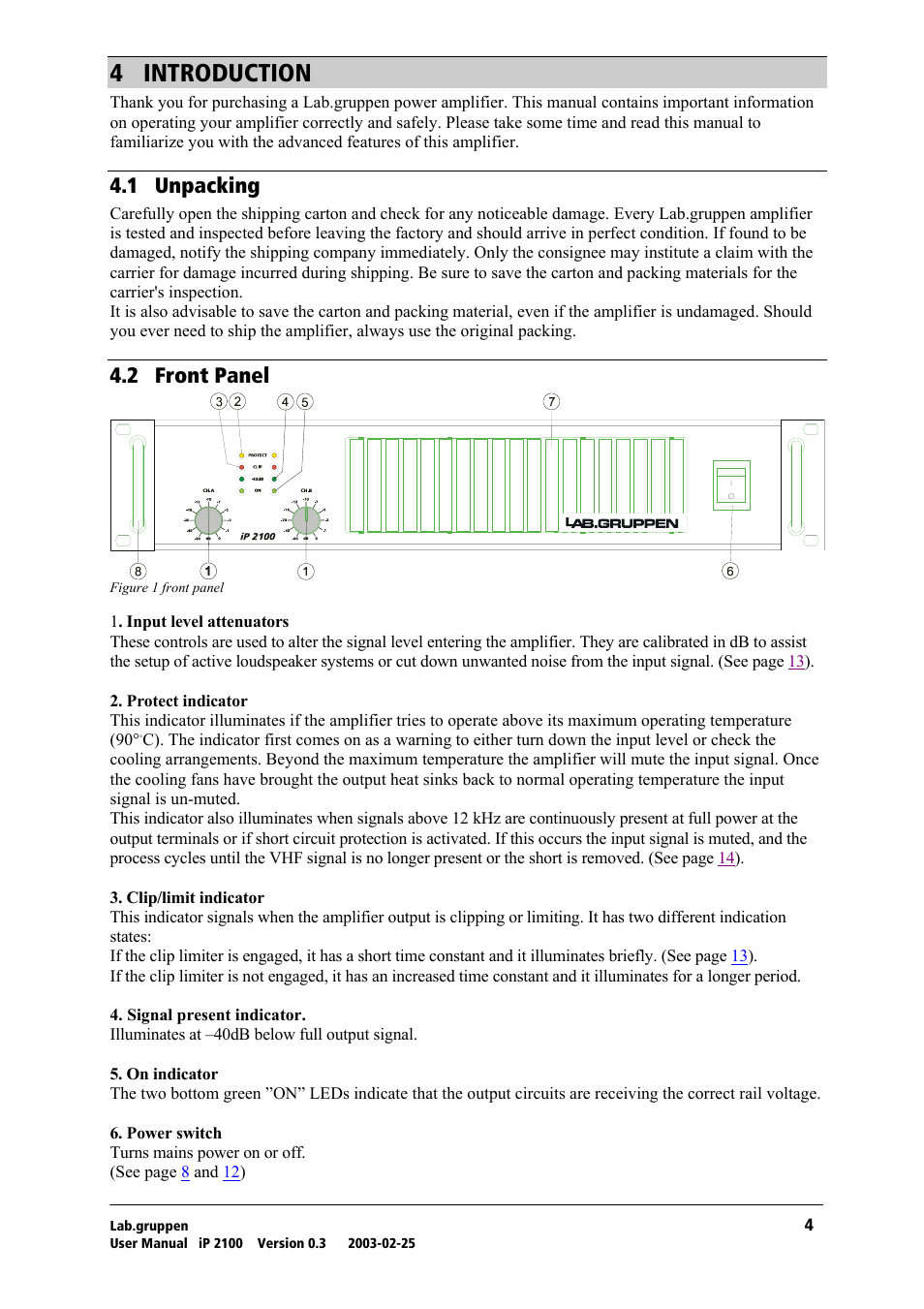 Introduction, Unpacking, Front panel | Q= fkqolar`qflk, Qkn= rей~евбец, Qko= cêçåí=m~åéä | Lab.gruppen iP 2100 User Manual | Page 5 / 18