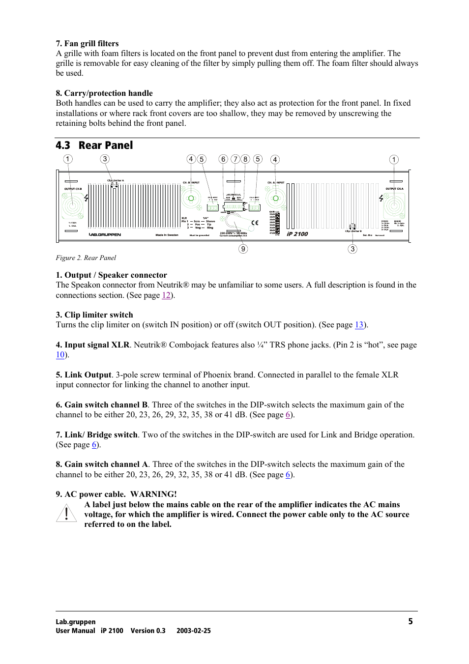 Rear panel, Qkp= oй~к=m~åéä | Lab.gruppen iP 2100 User Manual | Page 6 / 18