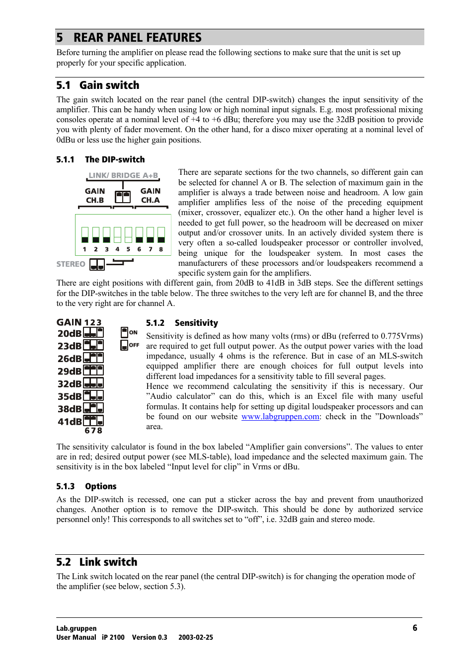 Rear panel features, Gain switch, The dip-switch | Sensitivity, Options, Link switch, R= ob^o=m^kbi=cb^qrobp, Rkn= d~бе=лпбнеь, Rko= iáåâ=лпбнеь | Lab.gruppen iP 2100 User Manual | Page 7 / 18