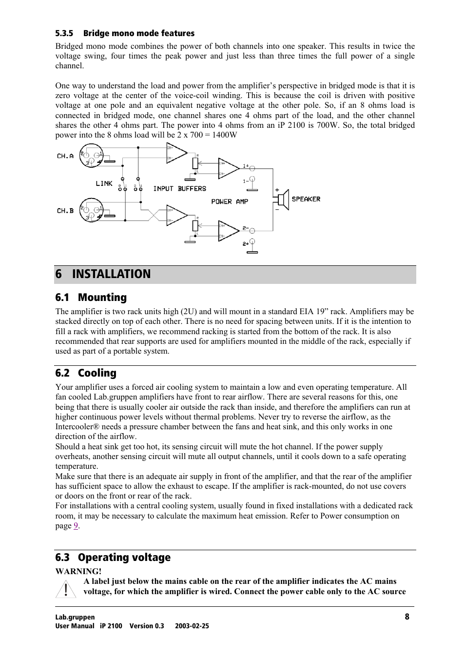 Bridge mono mode features, Installation, Mounting | Cooling, Operating voltage, S= fkpq^ii^qflk, Skn= jçìåíáåö, Sko= `зздбец, Skp= lééê~нбец=оздн~цй | Lab.gruppen iP 2100 User Manual | Page 9 / 18