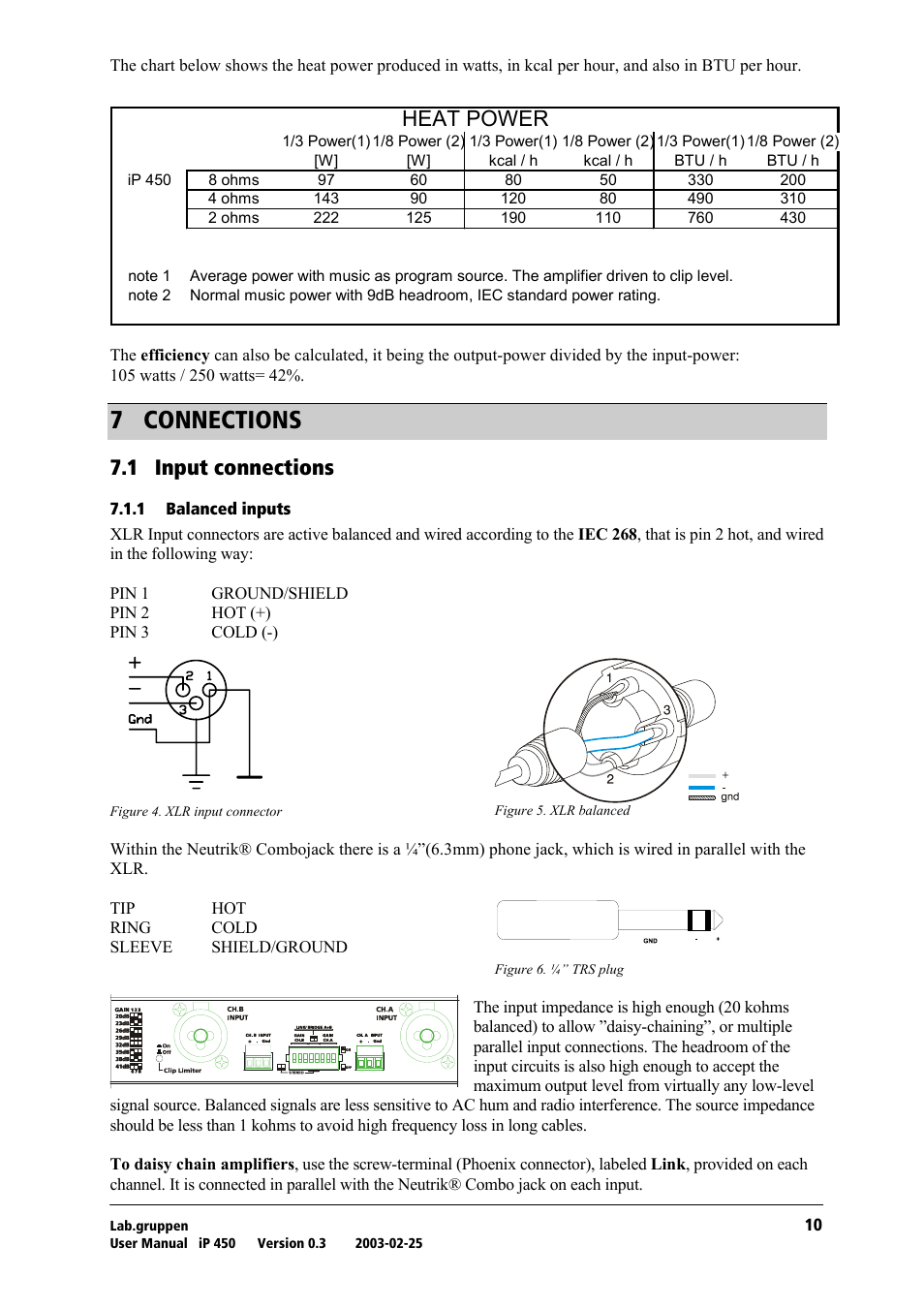 Connections, Input connections, Balanced inputs | T= `lkkb`qflkp, Heat power, Tkn= fåéìí=езеейенбзел | Lab.gruppen iP 450 User Manual | Page 11 / 17