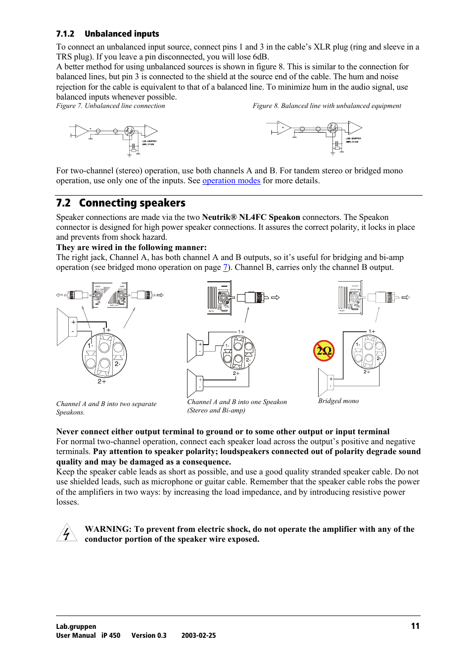 Unbalanced inputs, Connecting speakers, Tko= `зеейенбец=лйй~вйкл | Lab.gruppen iP 450 User Manual | Page 12 / 17