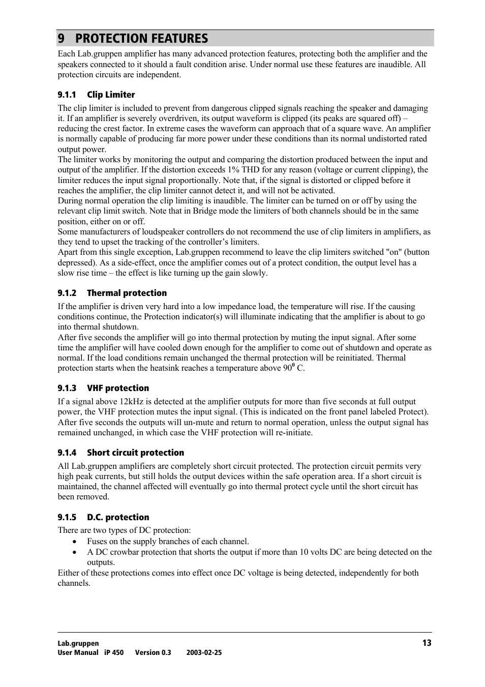 Protection features, Clip limiter, Thermal protection | Vhf protection, Short circuit protection, D.c. protection, About, V= molqb`qflk=cb^qrobp | Lab.gruppen iP 450 User Manual | Page 14 / 17