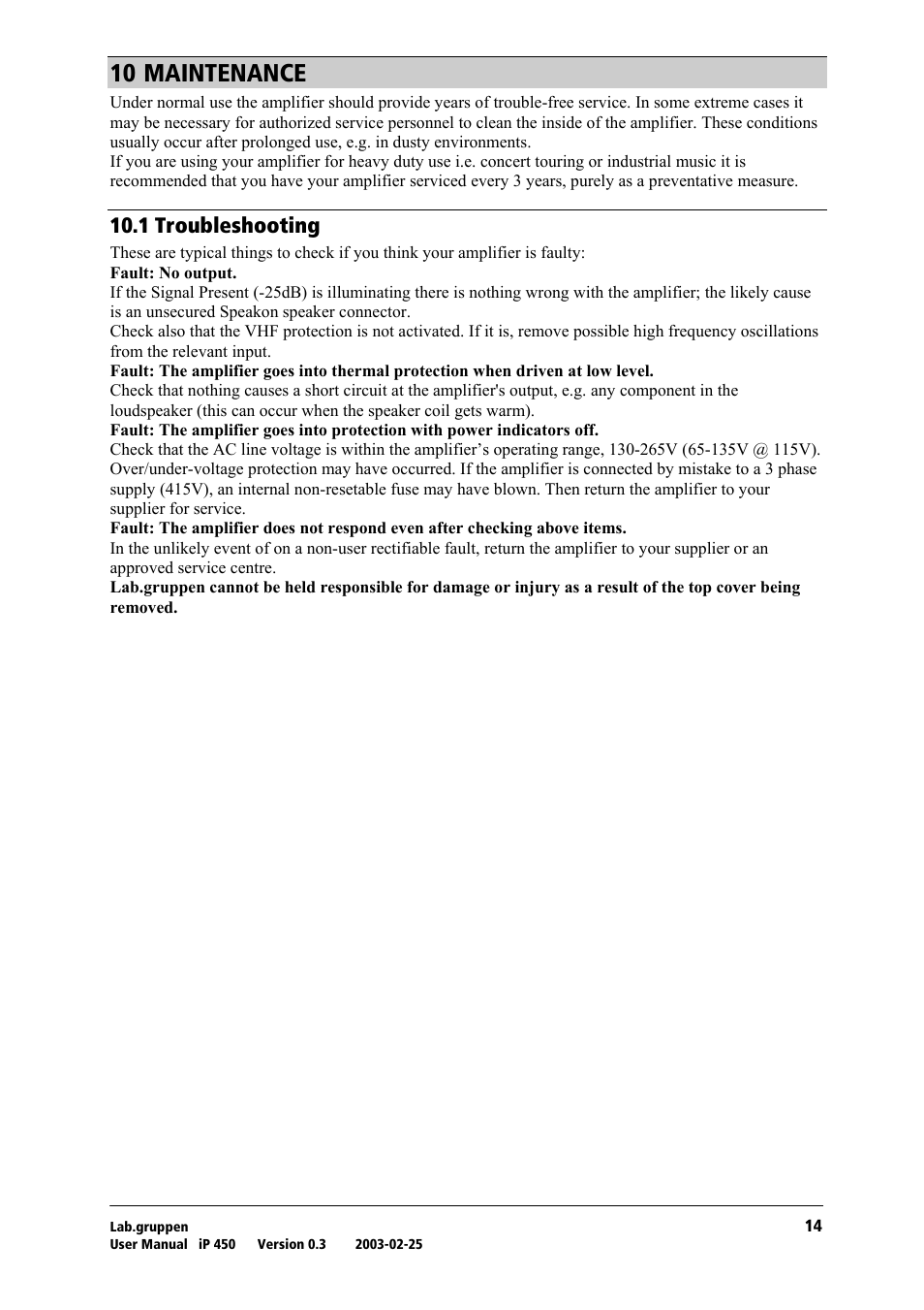 Maintenance, Troubleshooting, Nm=j^fkqbk^k`b | Nmkn=qêçìääéëüççíáåö | Lab.gruppen iP 450 User Manual | Page 15 / 17