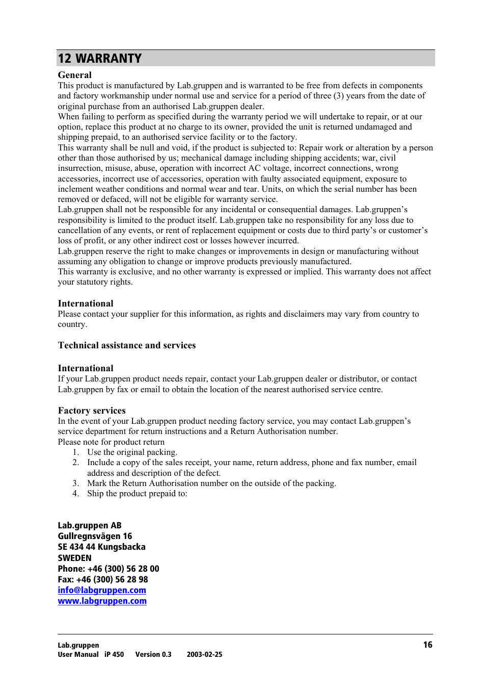 Warranty, No=t^oo^kqv | Lab.gruppen iP 450 User Manual | Page 17 / 17