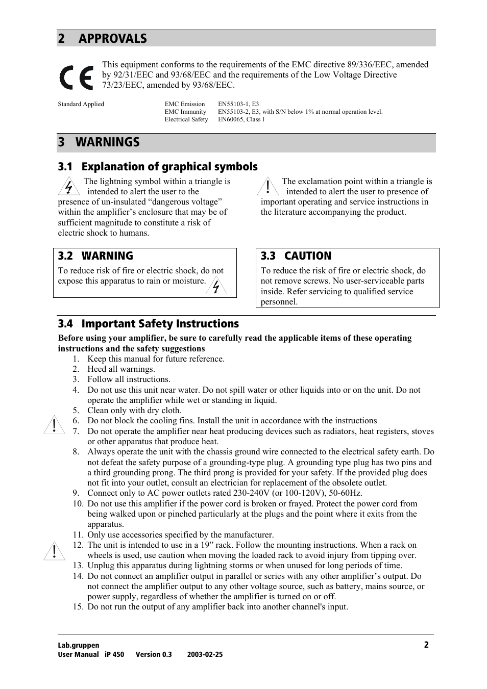 Approvals, Warnings, Explanation of graphical symbols | Warning, Caution, Important safety instructions, O= =^mmols^ip, P= t^okfkdp, Pkn= bñéä~е~нбзе=зс=цк~йьбе~д=лугдздл, Pko= t^okfkd | Lab.gruppen iP 450 User Manual | Page 3 / 17