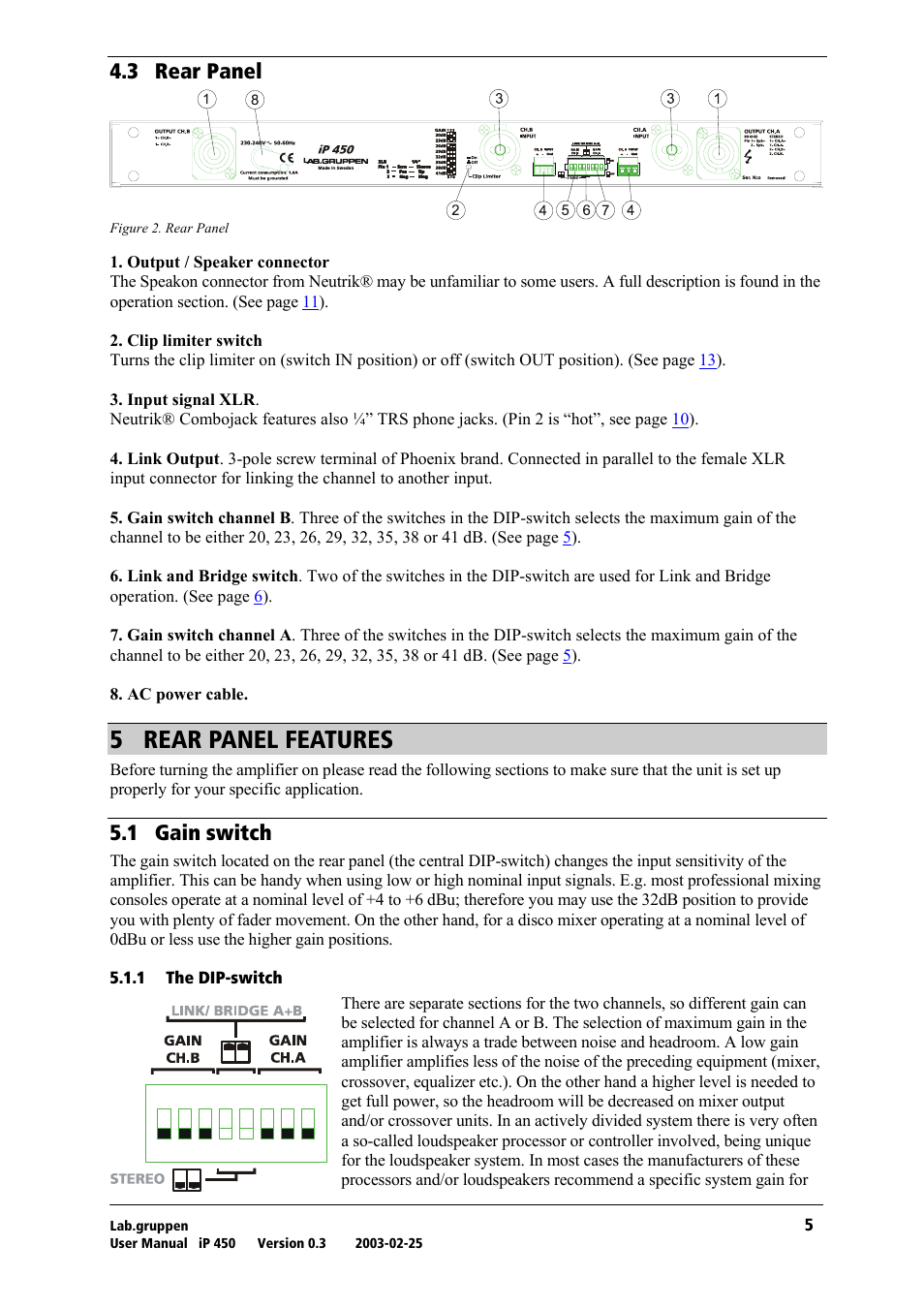 Rear panel, Rear panel features, Gain switch | The dip-switch, R= ob^o=m^kbi=cb^qrobp, Qkp= oй~к=m~åéä, Rkn= d~бе=лпбнеь | Lab.gruppen iP 450 User Manual | Page 6 / 17