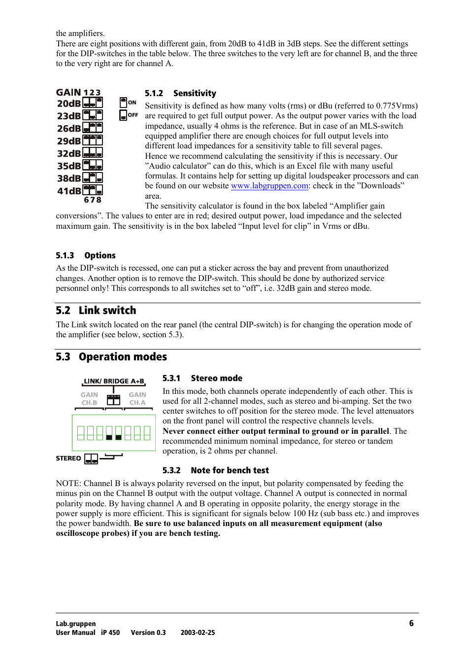 Sensitivity, Options, Link switch | Operation modes, Stereo mode, Note for bench test, Rko= iáåâ=лпбнеь, Rkp= lééê~нбзе=гззйл | Lab.gruppen iP 450 User Manual | Page 7 / 17