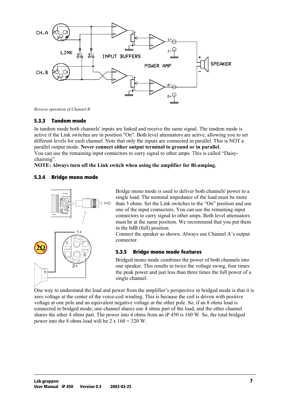 Tandem mode, Bridge mono mode, Bridge mono mode features | Lab.gruppen iP 450 User Manual | Page 8 / 17