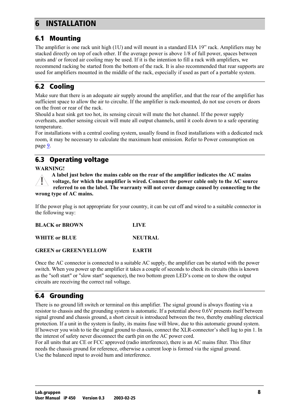 Installation, Mounting, Cooling | Operating voltage, Grounding, S= fkpq^ii^qflk, Skn= jçìåíáåö, Sko= `зздбец, Skp= lééê~нбец=оздн~цй, Skq= dêçìåçáåö | Lab.gruppen iP 450 User Manual | Page 9 / 17