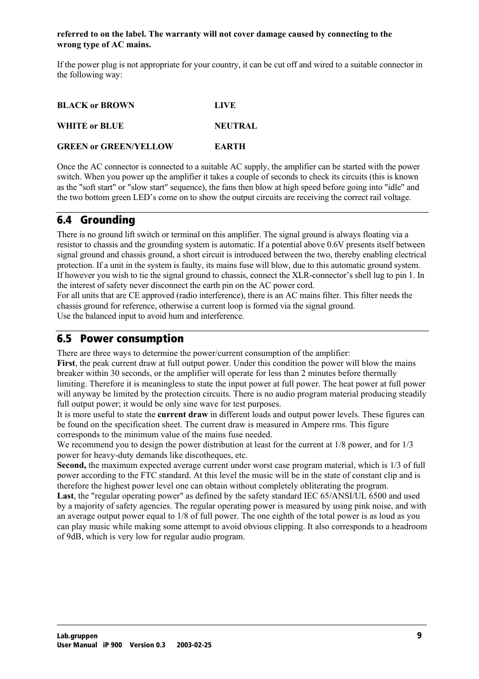 Grounding, Power consumption, Skq= dêçìåçáåö | Skr= mçïéê=езелмгйнбзе | Lab.gruppen iP 900 User Manual | Page 10 / 18