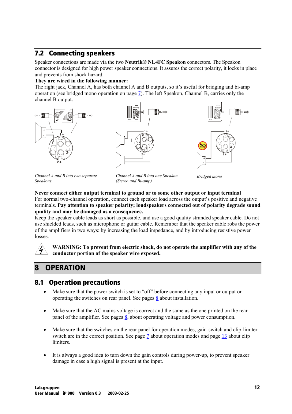 Connecting speakers, Operation, Operation precautions | U= lmbo^qflk, Tko= `зеейенбец=лйй~вйкл, Ukn= lééê~нбзе=йкйе~мнбзел | Lab.gruppen iP 900 User Manual | Page 13 / 18