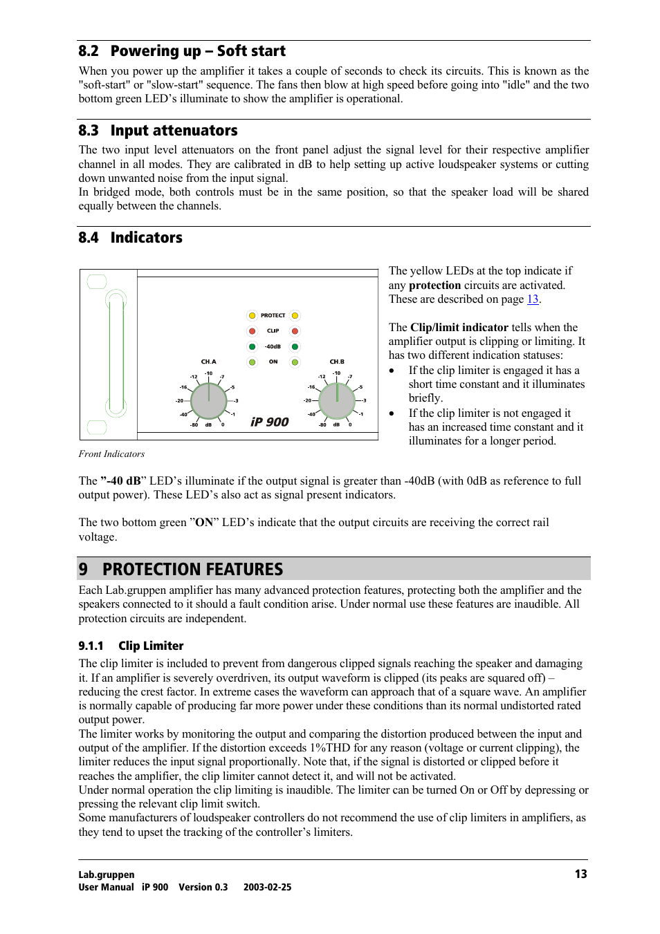 Powering up – soft start, Input attenuators, Indicators | Protection features, Clip limiter, V= molqb`qflk=cb^qrobp, Uko= mçïéêáåö=мй=у=pçñí=лн~кн, Ukp= fåéìí=~ннйем~нзкл, Ukq= fåçáå~нзкл | Lab.gruppen iP 900 User Manual | Page 14 / 18