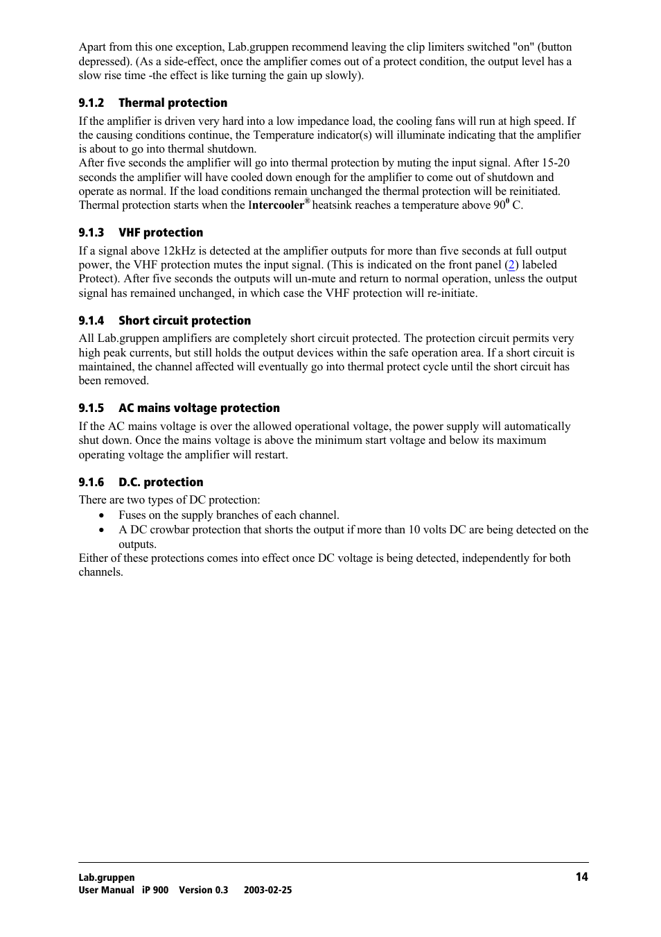 Thermal protection, Vhf protection, Short circuit protection | Ac mains voltage protection, D.c. protection | Lab.gruppen iP 900 User Manual | Page 15 / 18