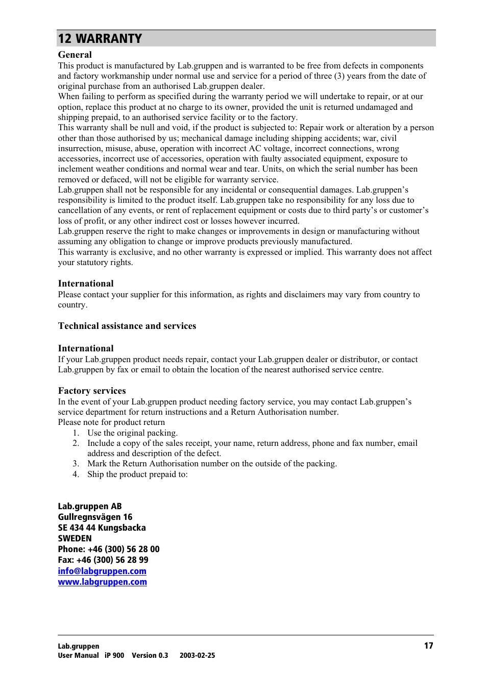 Warranty, No=t^oo^kqv | Lab.gruppen iP 900 User Manual | Page 18 / 18