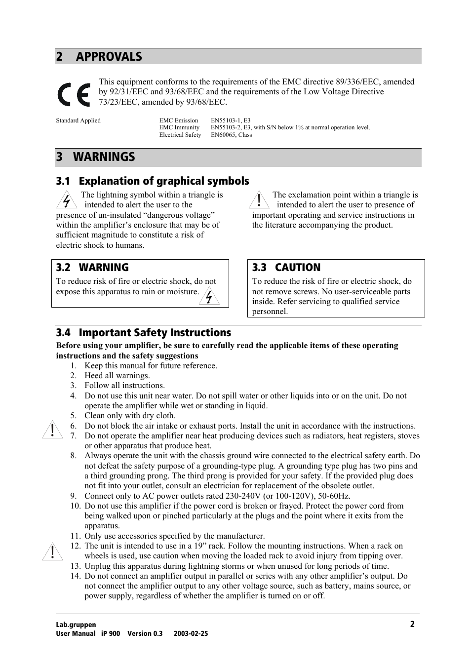 Approvals, Warnings, Explanation of graphical symbols | Warning, Caution, Important safety instructions, O= =^mmols^ip, P= t^okfkdp, Pkn= bñéä~е~нбзе=зс=цк~йьбе~д=лугдздл, Pko= t^okfkd | Lab.gruppen iP 900 User Manual | Page 3 / 18