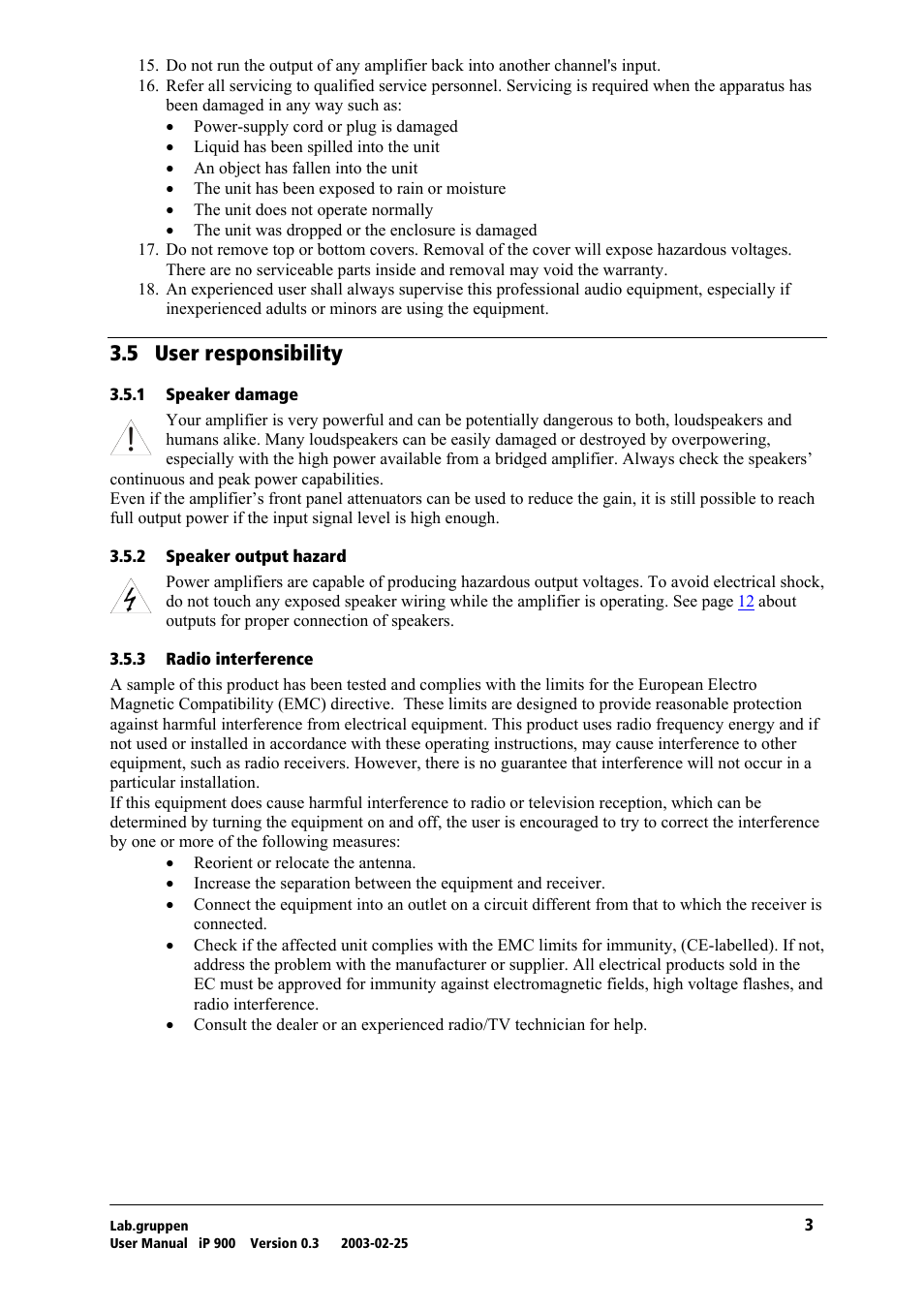 User responsibility, Speaker damage, Speaker output hazard | Radio interference, Pkr= rëéê=кйлйзелбдбдбну | Lab.gruppen iP 900 User Manual | Page 4 / 18