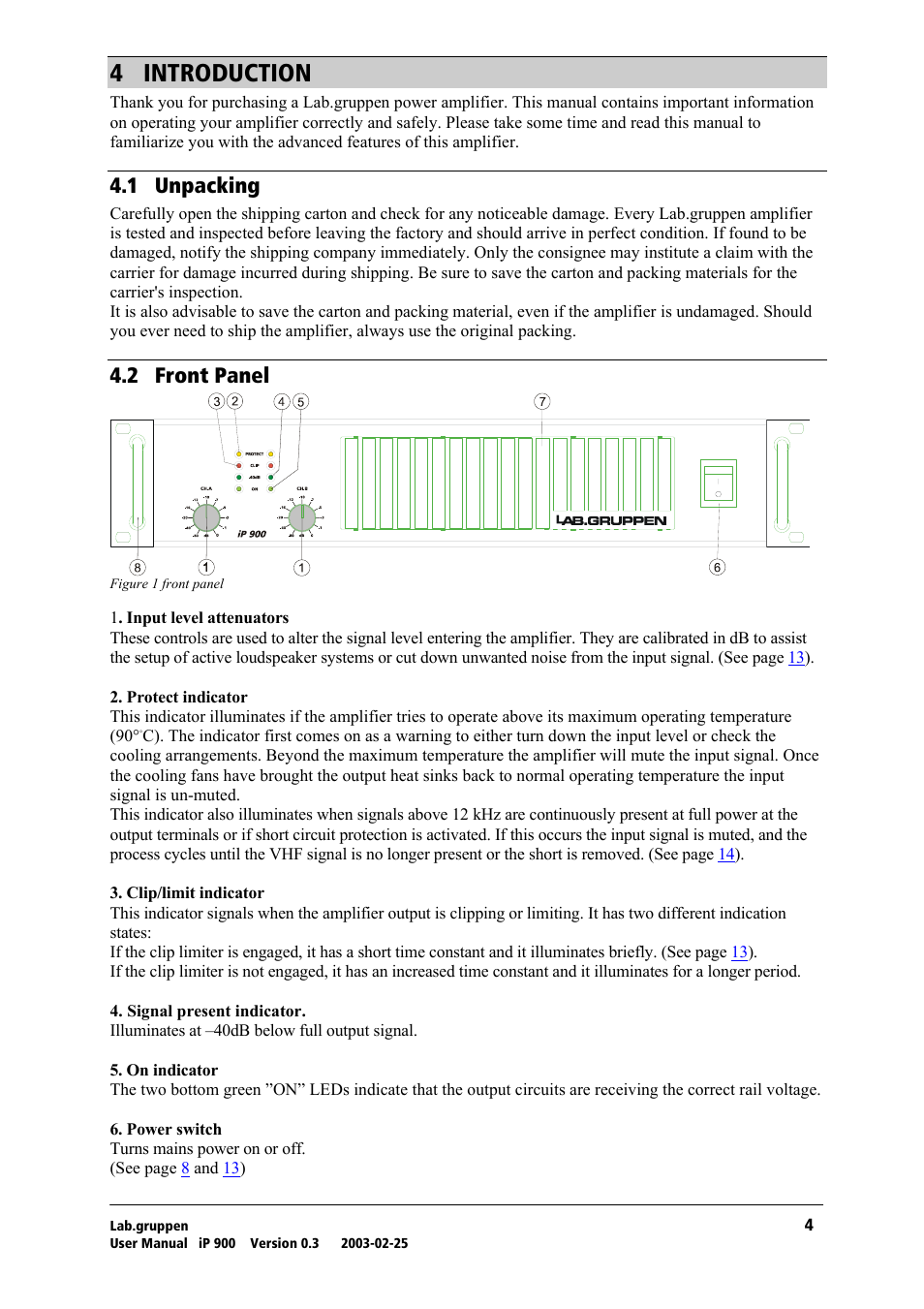 Introduction, Unpacking, Front panel | Q= fkqolar`qflk, Qkn= rей~евбец, Qko= cêçåí=m~åéä | Lab.gruppen iP 900 User Manual | Page 5 / 18