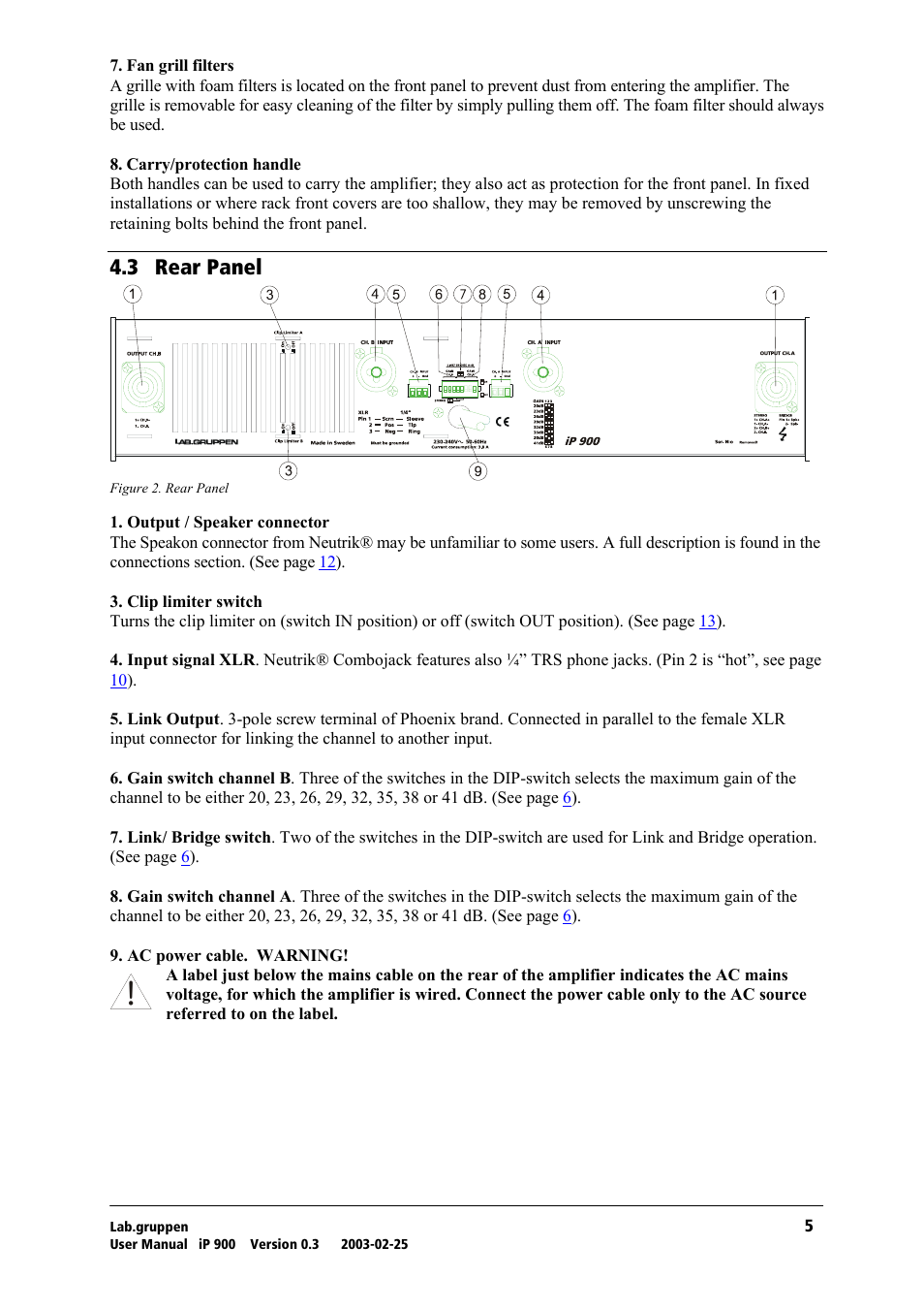 Rear panel, Qkp= oй~к=m~åéä | Lab.gruppen iP 900 User Manual | Page 6 / 18