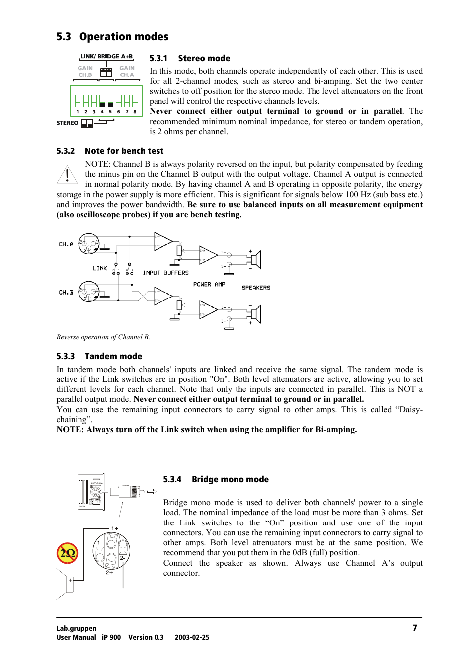 Operation modes, Stereo mode, Note for bench test | Tandem mode, Bridge mono mode, Rkp= lééê~нбзе=гззйл | Lab.gruppen iP 900 User Manual | Page 8 / 18