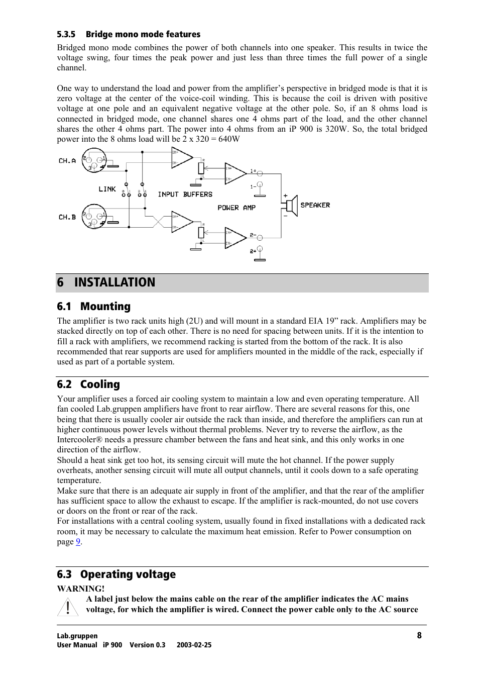 Bridge mono mode features, Installation, Mounting | Cooling, Operating voltage, S= fkpq^ii^qflk, Skn= jçìåíáåö, Sko= `зздбец, Skp= lééê~нбец=оздн~цй | Lab.gruppen iP 900 User Manual | Page 9 / 18