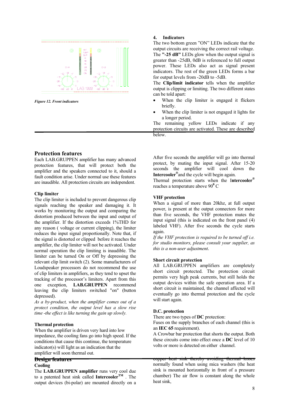 Protection features, Design features | Lab.gruppen LAB 1000 User Manual | Page 8 / 11