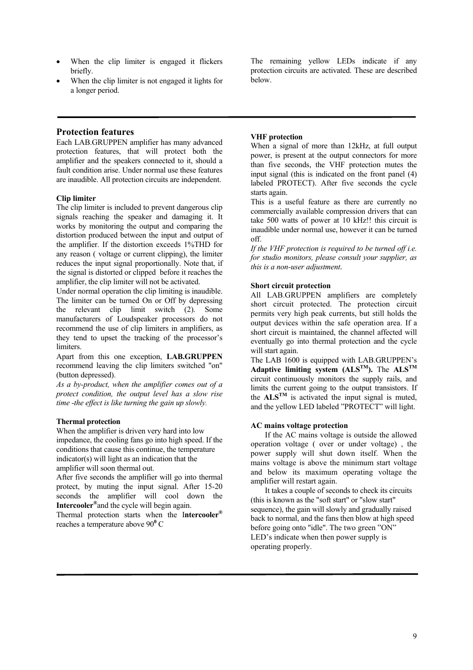 Protection features | Lab.gruppen LAB 1600 User Manual | Page 9 / 13