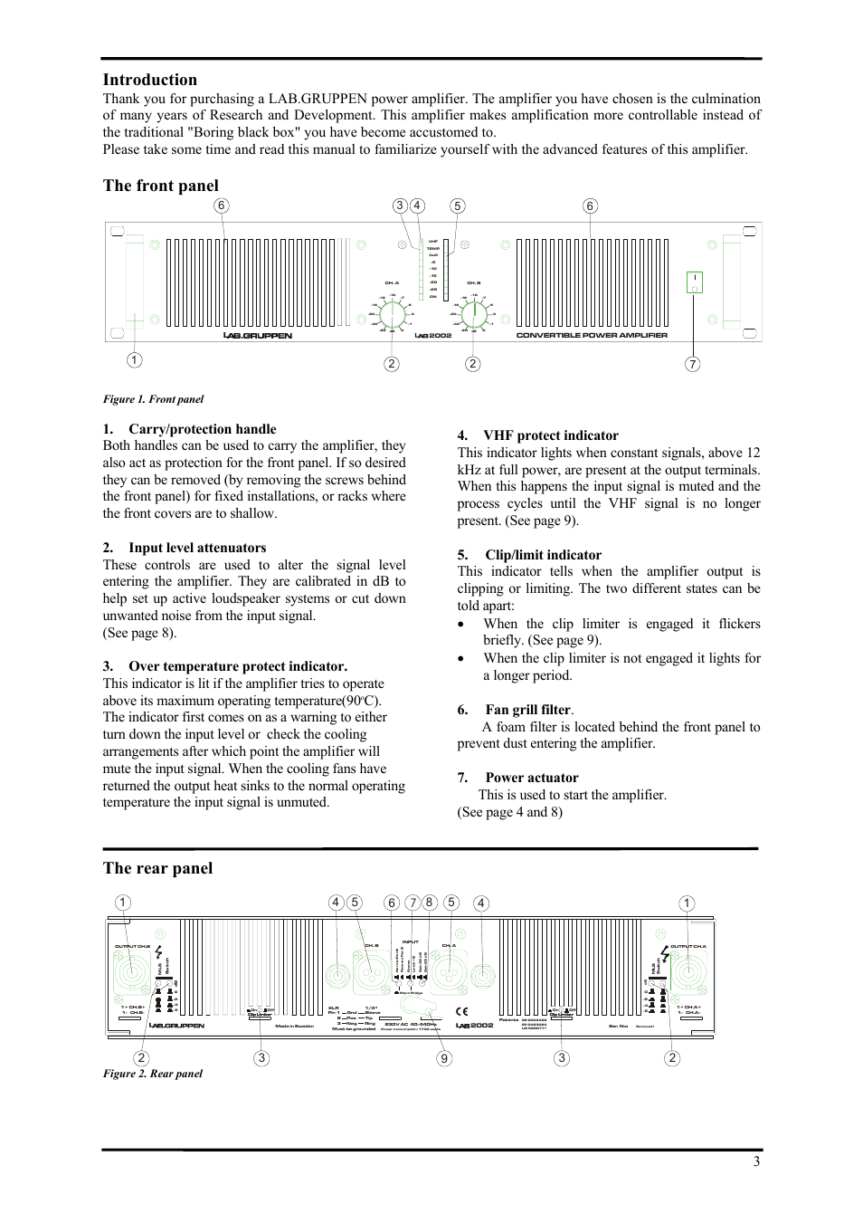 Introduction, The front panel, The rear panel | Figure 1. front panel, Figure 2. rear panel | Lab.gruppen LAB 2002 User Manual | Page 3 / 13