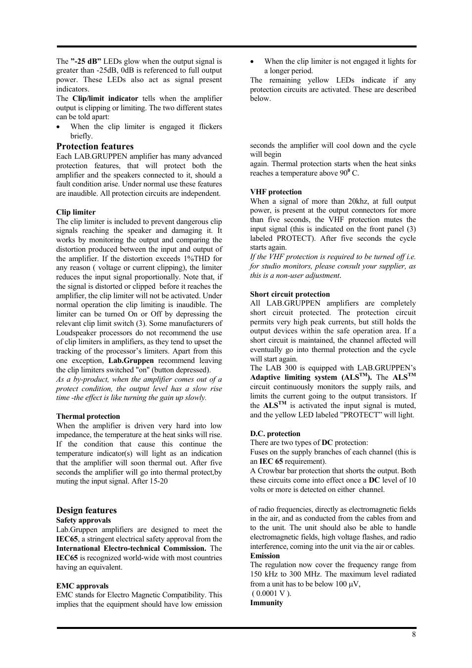 Protection features, Design features | Lab.gruppen LAB 300 User Manual | Page 8 / 11