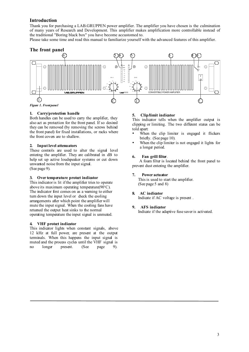 Introduction, The front panel | Lab.gruppen LAB 4000 User Manual | Page 3 / 13
