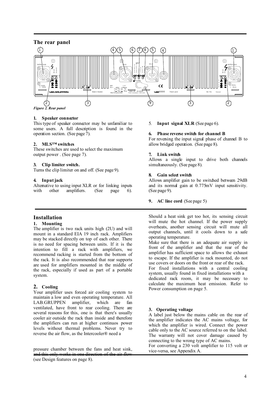 The rear panel, Installation | Lab.gruppen LAB 4000 User Manual | Page 4 / 13