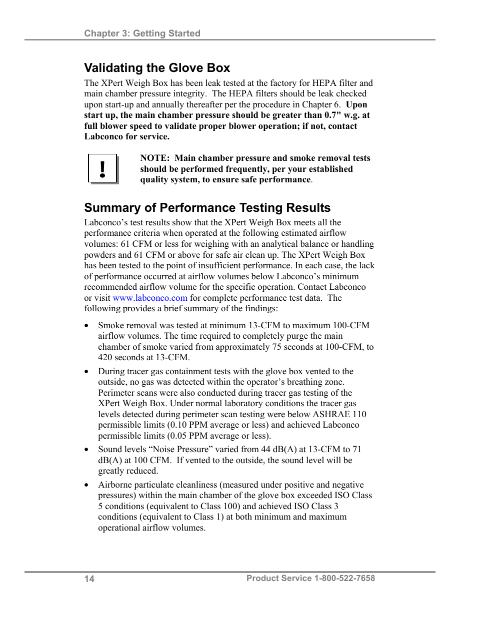 Validating the glove box, Summary of performance testing results | Labconco XPert Weigh Boxes 5220331 User Manual | Page 18 / 55