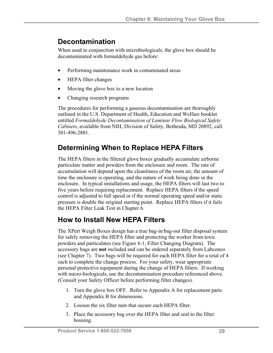 Decontamination, Determining when to replace hepa filters, How to install new hepa filters | Labconco XPert Weigh Boxes 5220331 User Manual | Page 33 / 55