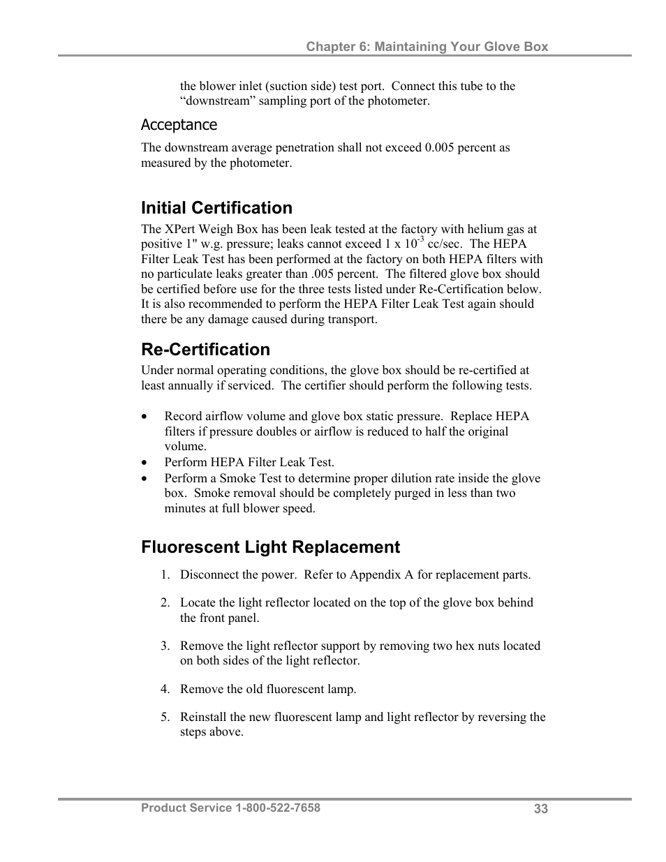 Initial certification, Re-certification, Fluorescent light replacement | Labconco XPert Weigh Boxes 5220331 User Manual | Page 37 / 55