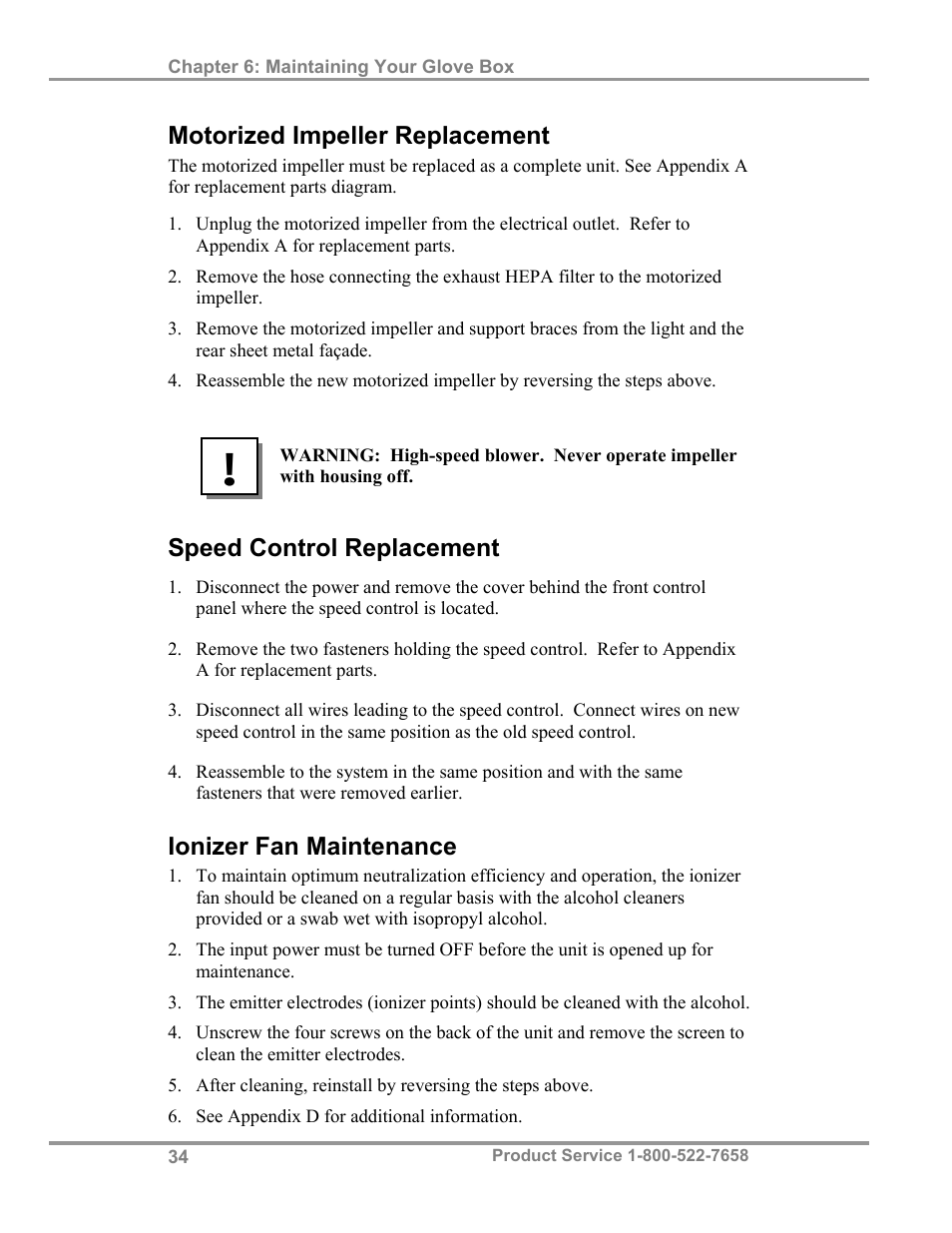 Motorized impeller replacement, Speed control replacement, Ionizer fan maintenance | Labconco XPert Weigh Boxes 5220331 User Manual | Page 38 / 55