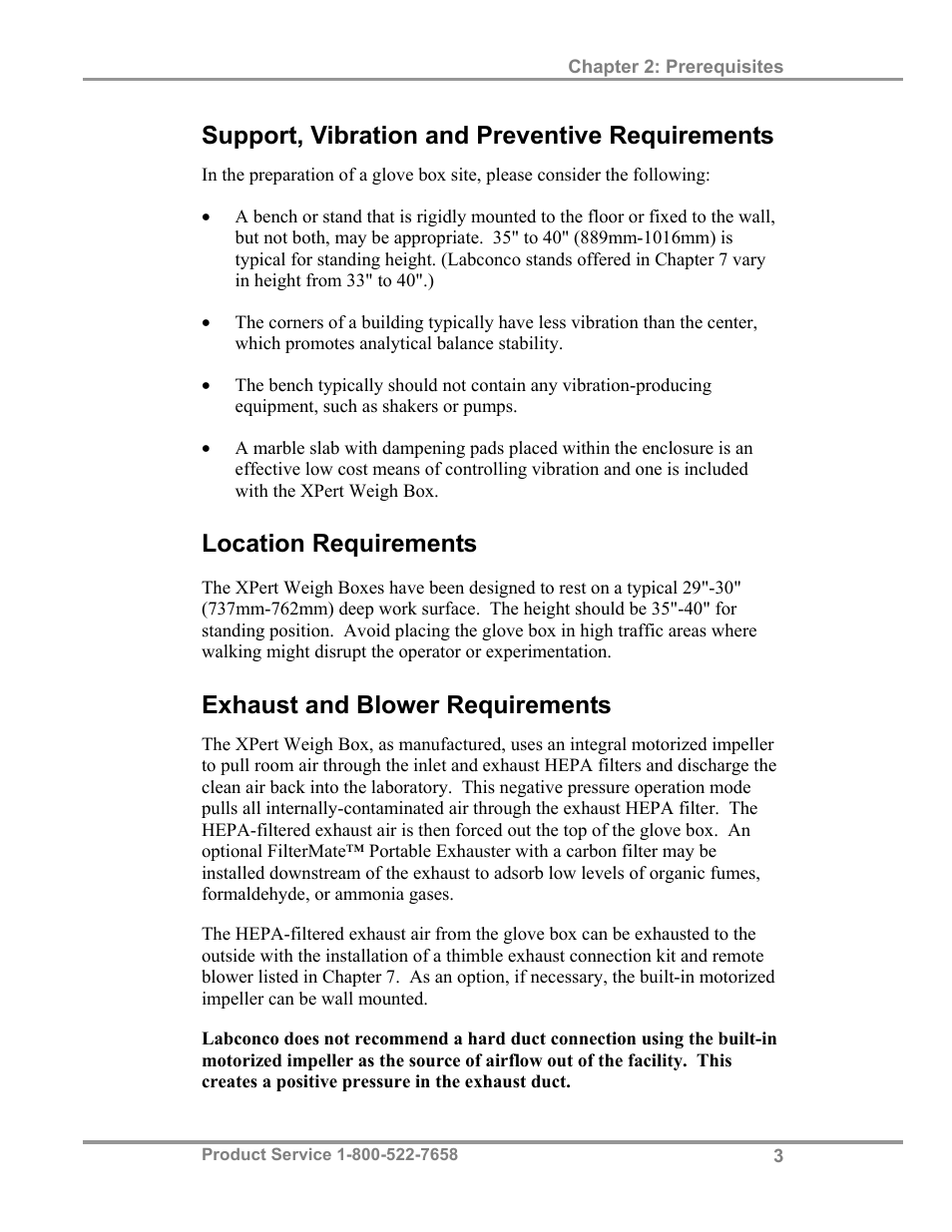 Support, vibration and preventive requirements, Location requirements, Exhaust and blower requirements | Labconco XPert Weigh Boxes 5220331 User Manual | Page 7 / 55