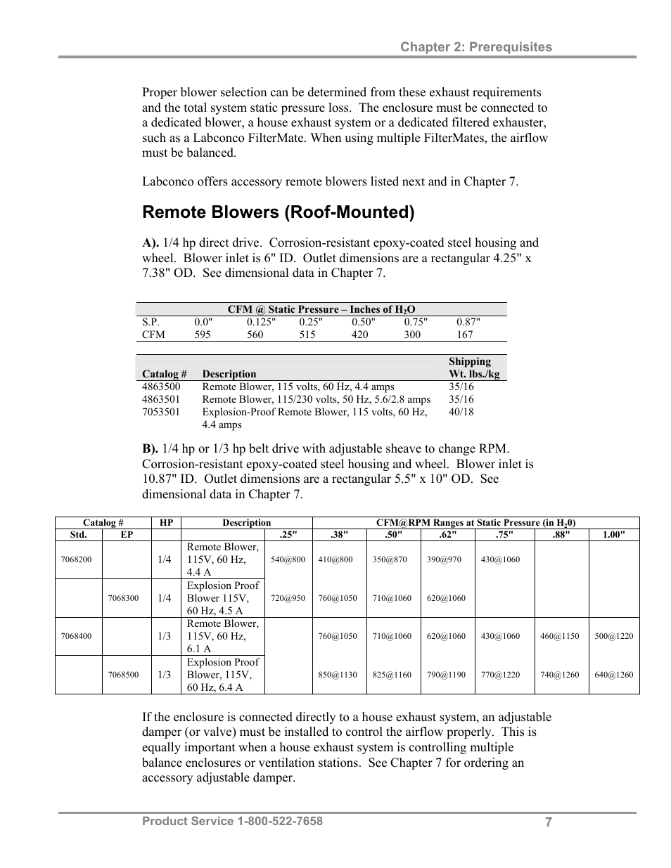 Remote blowers (roof-mounted), Chapter 2: prerequisites | Labconco XVS Ventilation Stations 4865060 User Manual | Page 11 / 59